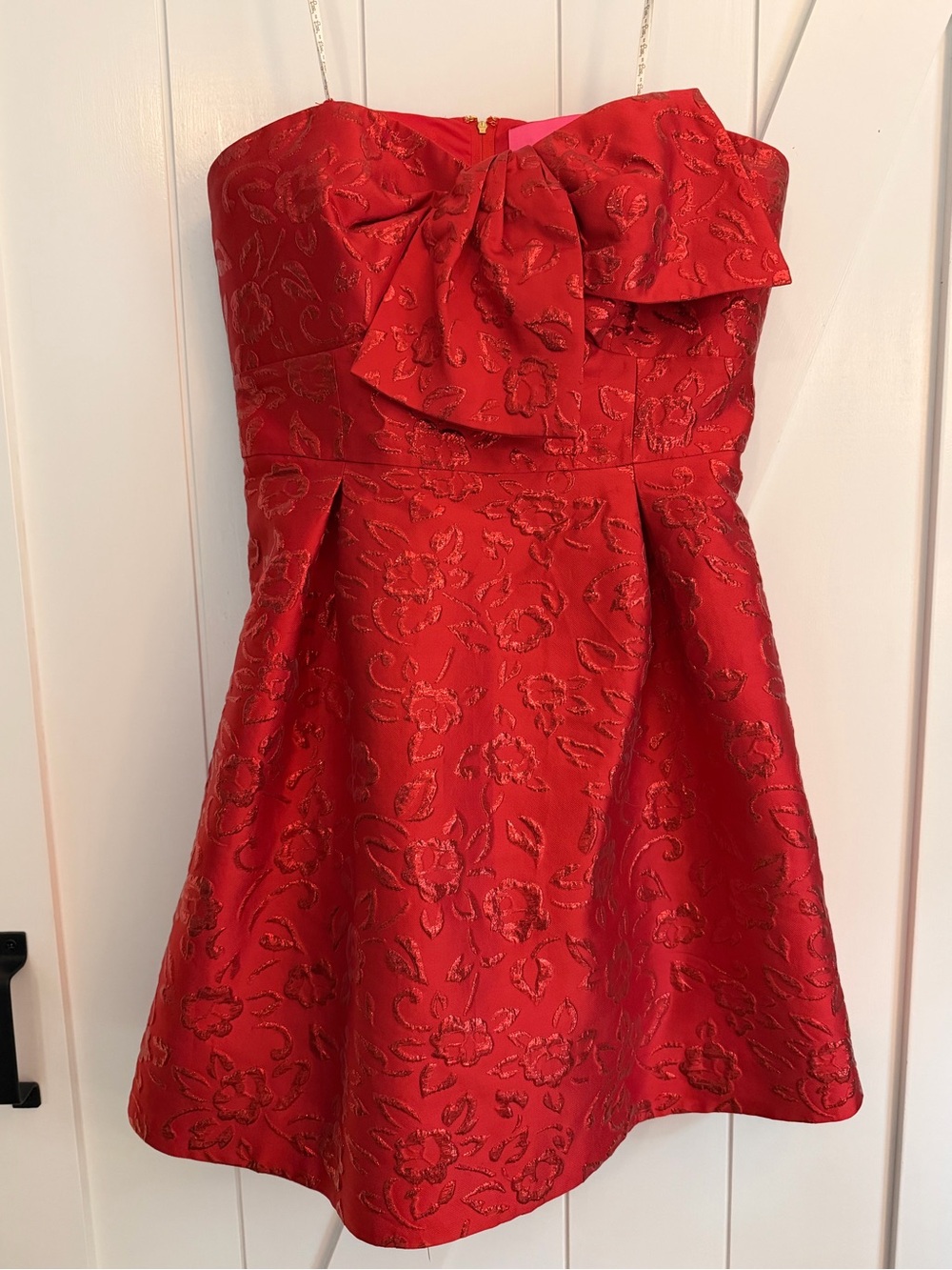 Lilly Pulitzer Red Strapless Party Dress with Bow and Shimmery Red Embroidery